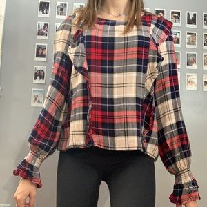 Red, blue and cream shirt